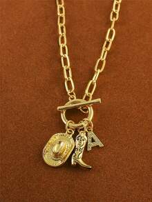 1pc Retro Classic Letter Western Cowboy Hat Pendant, With Gold Stainless Steel Paperclip Chain, Women Necklace - Yellow Gold - View 25