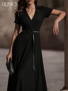 DONICY 女士黑色衬衫领长款连衣裙，优雅短袖系带A字连衣裙，罗纹面料，适合春夏日常及办公穿着。 - 黑色 - 查看 11