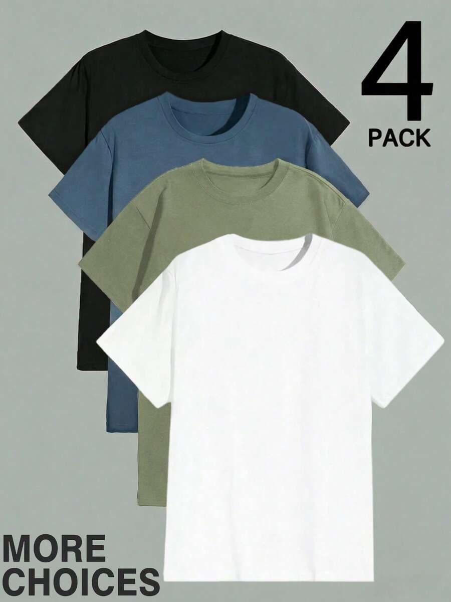 Set de 4 camisetas de manga corta de verano informales de unicolor para hombres