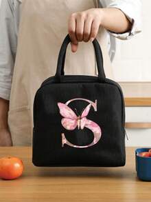 Pink Butterfly & Letter Pattern Insulated Lunch Bag, Thermal Lunch Box, Suitable For Students, Office, Camping, Picnic, School, University, Lightweight Portable Canvas Lunch Storage Bag - Multicolor - View 2