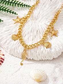 1 pieza Pulsera de moda con estrella de mar, concha y caballito de mar, estilo bohemio para vacaciones en la playa - Amarillo Oro - Ver 7