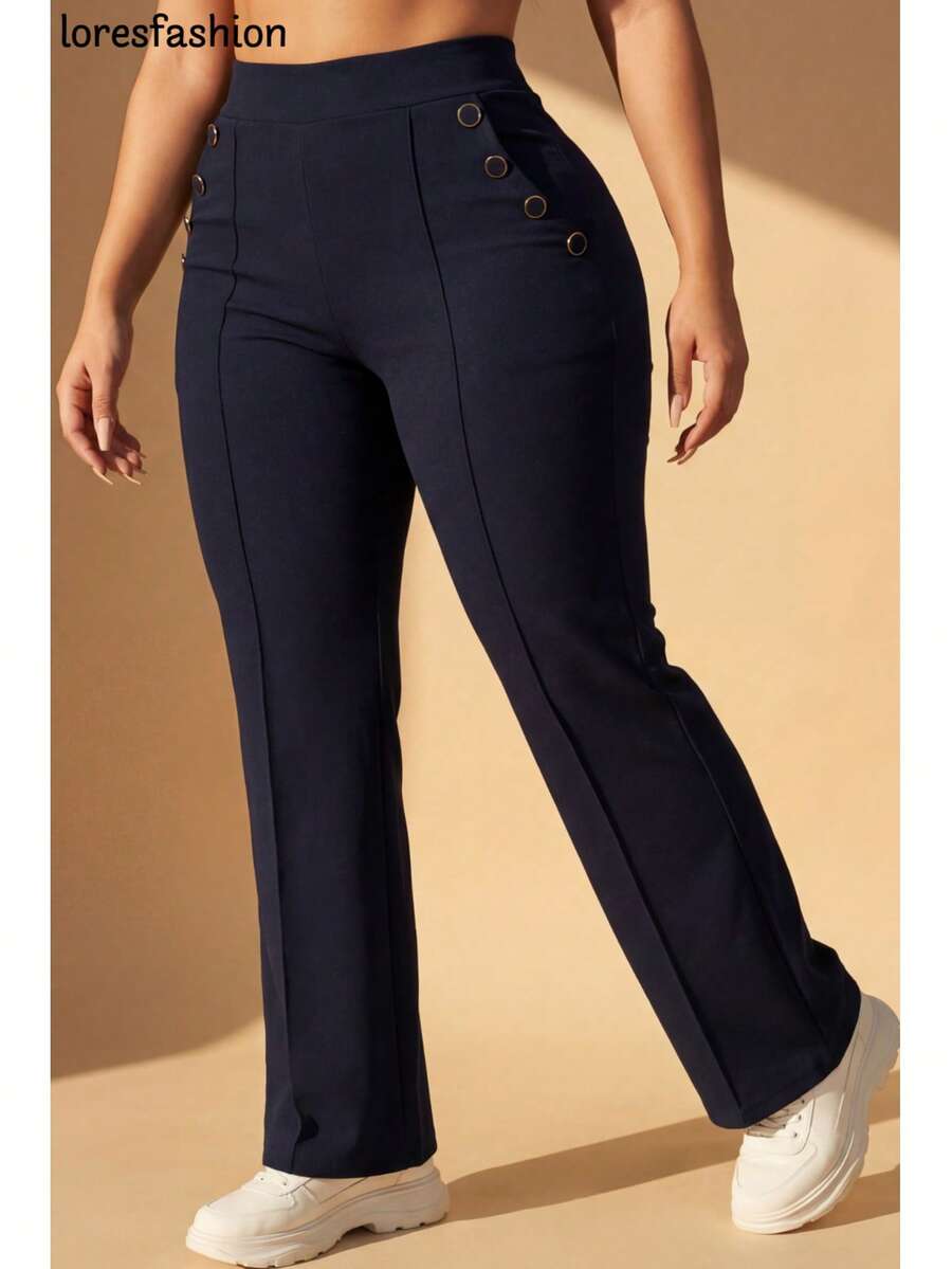 Pantalón de vestir mujer cintura alta pierna ancha stretch crepé casual elegante para oficina reuniones eventos bolsillos pretina elasticada botón forrado antiarrugas sin transparencia suave - Azul Marino - Ver 1