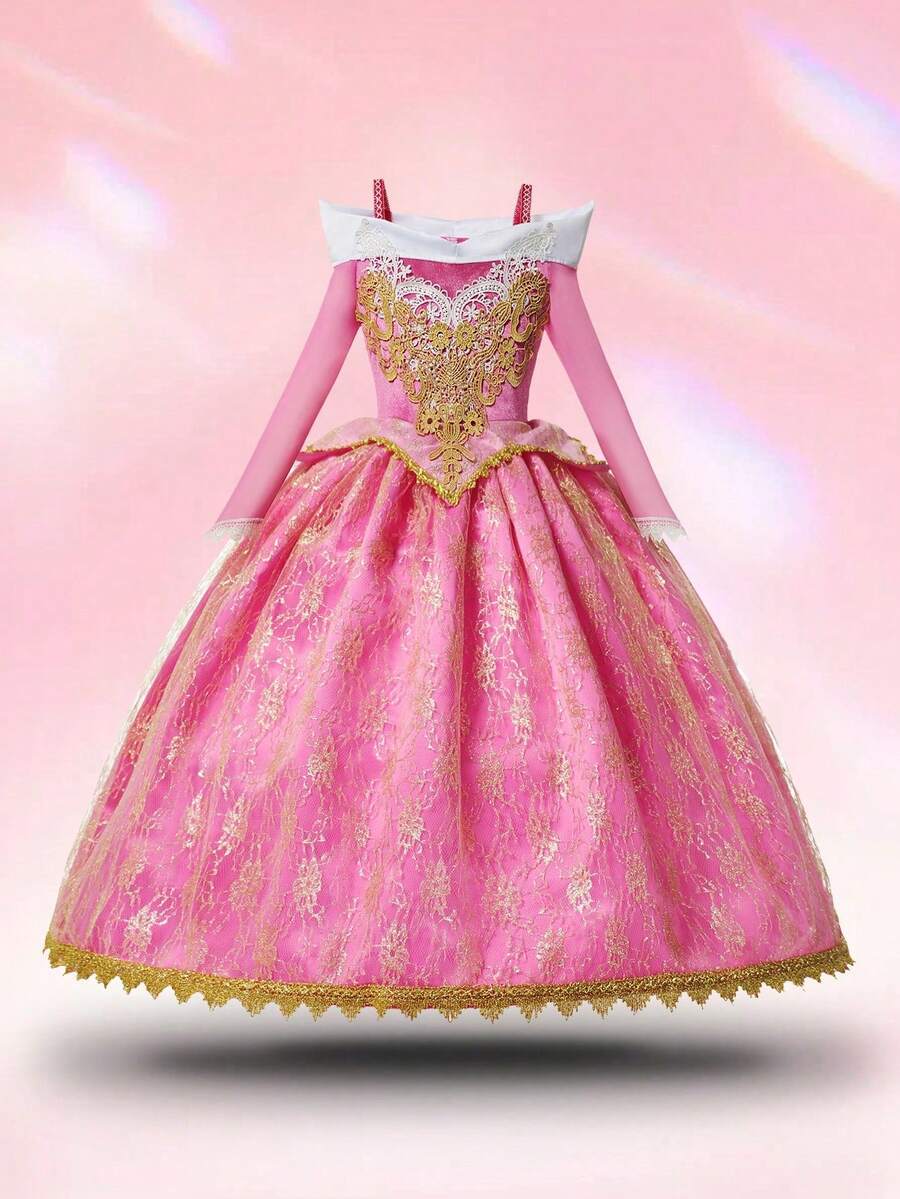 Young Girl Luxury Lace Applique Off Shoulder Birthday Party Carnival Dress, Suitable For Outings, Gatherings With Friends, And Other Major Events