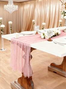1 pieza 160*100cm Camino de mesa transparente de organza rosa con decoración de perlas falsas, para decoración de boda, arco de boda, regalo de ducha nupcial, decoración de fiesta, decoración de silla, telón de fondo de eventos, Día de San Valentín - A - Ver 3