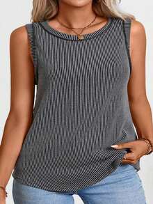Plus Size Women Crew Neck Ribbed Tank Top, Casual Summer - Black - View 3