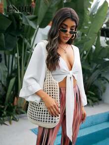 ENBEI Large Capacity Hollow Crochet Tote Bag, Women's Solid Color Crochet Handbag, Summer Hollow Beach Bag, Outdoor Travel Essential, Suitable For Female College Students, Girls, Office Ladies, Back To School Season, Vacation, Holidays, Mother's Day Gift - Beige - View 4