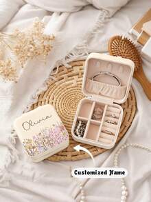 Personalized Elegant Floral Jewelry Box, Customized Beige Name Jewelry Box, Bridesmaid Jewelry Box, Travel Jewelry Case, Gift For Women, Couples, Bridesmaid, Proposal, Birthday, Jewelry - Multicolor - View 3