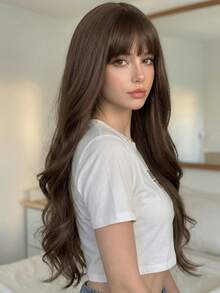 28 Inch Brown Wavy Wig For Women - With Bangs, Side Part, Adjustable Cap And Snug Fit | High Quality Synthetic Material, Long Hair Style - Camel - View 5