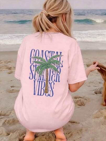 Relaxed Coastal Summer Vibe, Tween Girl Casual Creative Minimalist Pattern Oversized T-Shirt, Suitable For Children's Summer Tops, Teens Shirts