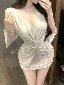 V-Neck Dress For Women, Summer Design Niche Pleated Twist Waist Fitted Bodycon Mini Skirt - Khaki - View 6