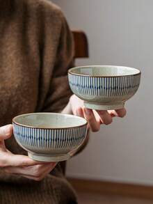 1/2/4件入 日式釉下彩芝麻釉復古陶瓷飯碗，家用小巧精緻碟形碗口飯碗，適合日常家庭用餐、廚房、餐廳、聚會使用，復古魅力飯碗 - 彩色 - 查看 4