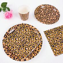 Bộ đồ dùng tiệc dùng một lần 10 người gồm đĩa, khăn ăn và cốc in họa tiết da báo màu nâu, thích hợp cho sinh nhật, đám cưới, tiệc theo chủ đề, dã ngoại gia đình. - Kiểu 5 - Xem 4