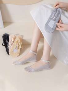 1/3/5双装女士珍珠带船袜，蕾丝镂空边，夏季薄款隐形袜，低帮硅胶防滑袜 - 彩色 - 查看 2