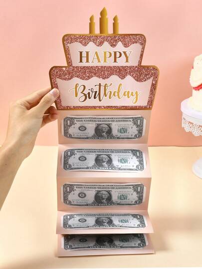 一套粉金生日折叠现金礼包信封，粉金生日蛋糕图案纸质折叠钞票卡，生日派对惊喜现金礼物，周年纪念现金折叠卡，生日庆祝现金装饰，生日派对装饰，生日快乐折叠钞票卡及信封 - 趣味现金赠送方式，生日装饰，生日礼物，派对礼品