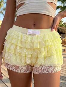 Women Lolita Bloomers Cute Ruffle Shorts Lace Pumpkin Pants Sexy Boyshorts Layered Mini Bottoms Y2k Sweet Pettipants Coquette Clothes - 黃色 - 查看 4