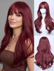 Peluca ondulada de 28 pulgadas de color rojo frambuesa con flequillo - Material sintético de alta calidad, gorra ajustable, raya natural | Peinado de fiesta - Color caoba - Ver 2