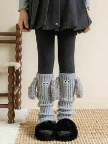 1 Pair Girls' Warm Fuzzy Puppy Patterned Leg Warmers, Cute Cartoon Knitted Leg Warmers For Autumn/Winter - Multicolor - View 3