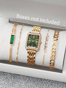 5pcs/Set Women's Fashion Square Minimalist Dial Quartz Wrist Watch With Steel Band + Bracelet Combo (Watch Not Included In Set) - Gold - View 10