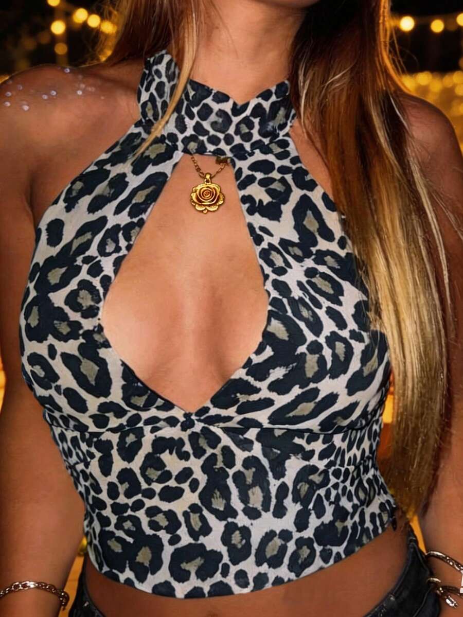 女士豹纹露背吊带打结短款针织上衣，时尚百搭 - 彩色 - 查看 1