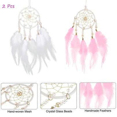 2 Pcs Dream Catchers, Small Handmade Feather Dreamcatcher Supplies Car Charm With Crystal Beads Wall Hanging Decor For Home Car Decoration Ornament Women Friend Gift(White + Pink)