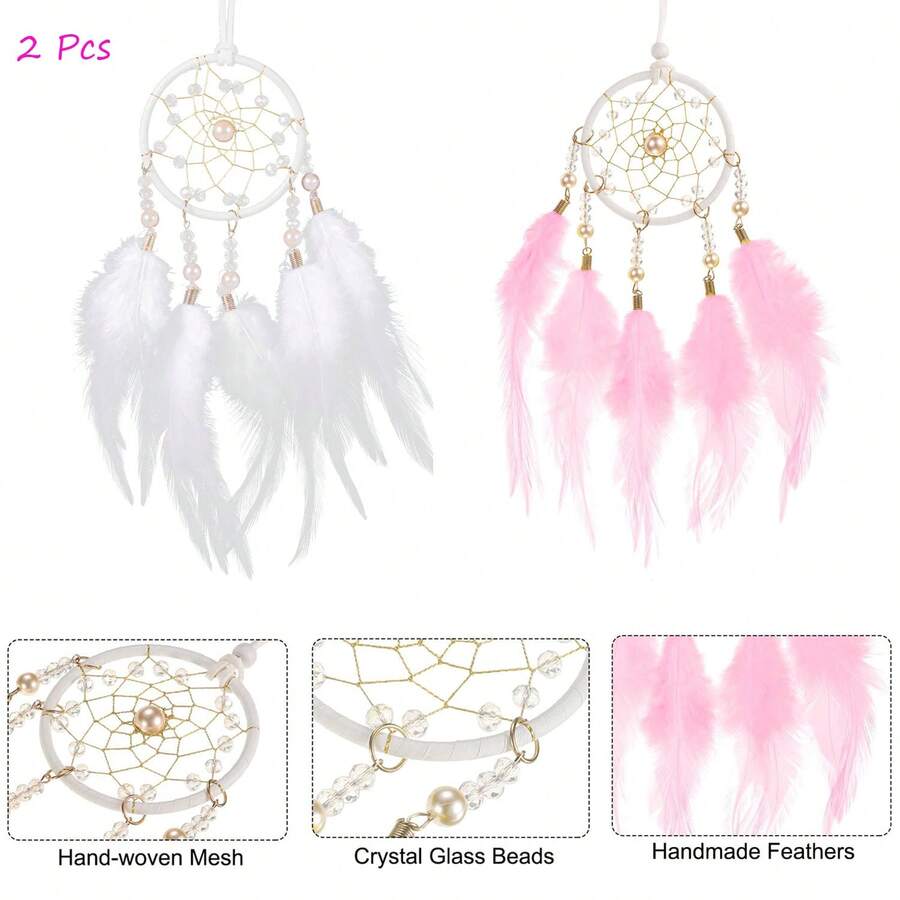 2 Pcs Dream Catchers, Small Handmade Feather Dreamcatcher Supplies Car Charm With Crystal Beads Wall Hanging Decor For Home Car Decoration Ornament Women Friend Gift(White + Pink) - Butterfly - View 1