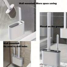 Toilet Brush With Wall-Mounted Storage Box - Flat Head Design, Suitable For Bathroom And Kitchen Cleaning - Blue - View 4