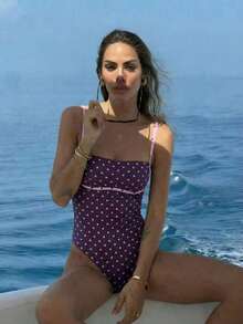 女士新款波点印花性感休闲吊带连体泳衣，适合春夏海滩、度假、约会、派对等场合 - 彩色 - 查看 6