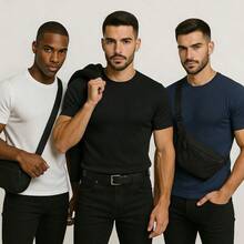 Kit Of 3 Men's Ribbed T-Shirts, American Slim Fit, 100% Cotton - White, Black and Navy Blue - View 4