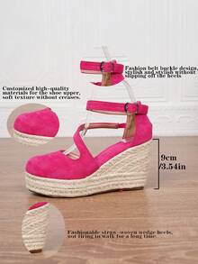 女士仿皮坡跟凉鞋,夏季度假款,方头套脚式,3.15英寸鞋跟,舒适编织镂空鞋,尺码34-43 - 玫紅色 - 查看 4