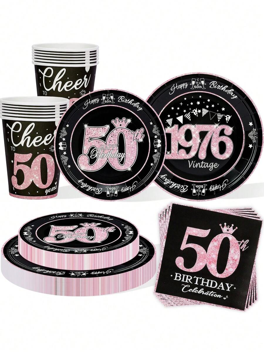 10件/50件/80件玫瑰金50岁生日派对餐具套装,包含餐盘、杯子和餐巾纸,1976复古主题,适合50岁生日派对装饰、甜点盘、餐桌装饰 - 1976 - 查看 1
