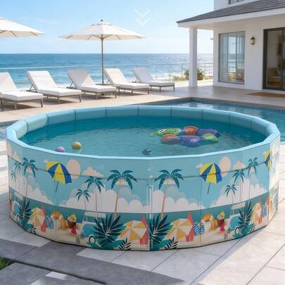 Tropical Style Round Family Swimming Pool - Durable PVC Material, No Inflation Needed, Foldable And Easy To Store, Ideal For Backyard Parties And Indoor Play, Blue Palm Tree Pattern, Leisure Pool | Summer Atmosphere Pool | Durable PVC Pool, Pool Floats