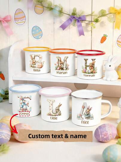1pc Custom Name Personalized Gift White Enamel Mug, Easter Element Enamel Mug, Easter Bunny Enamel Mug, Perfect Easter Gift For Him/Her, Unique Gift For Special Occasions, Personalized Photo Coffee Mug, Custom Camping Mug, Custom Christmas Gift, Personalized Anniversary Photo Mug, Perfect Gift For Family, Friends, Baby