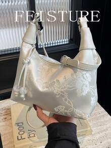 1个中国风刺绣花卉尼龙布手提袋，适合购物、约会、送给女士的礼物、上班族使用，也适合办公室、学校、工作和通勤等场合。 - 白色 - 查看 4