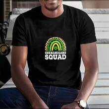 Men's T-Shirt, Women's T-Shirt,  St Patrick's Day Themed Designs Featuring,  Rainbow Pattern With Leopard Print And Green Shamrock Centered Above Text Shenanigans Squad In Bold White Letters On Black T Shirt Comfortable And Versatile Outdoor Casual Short Sleeve - Negro - Ver 3