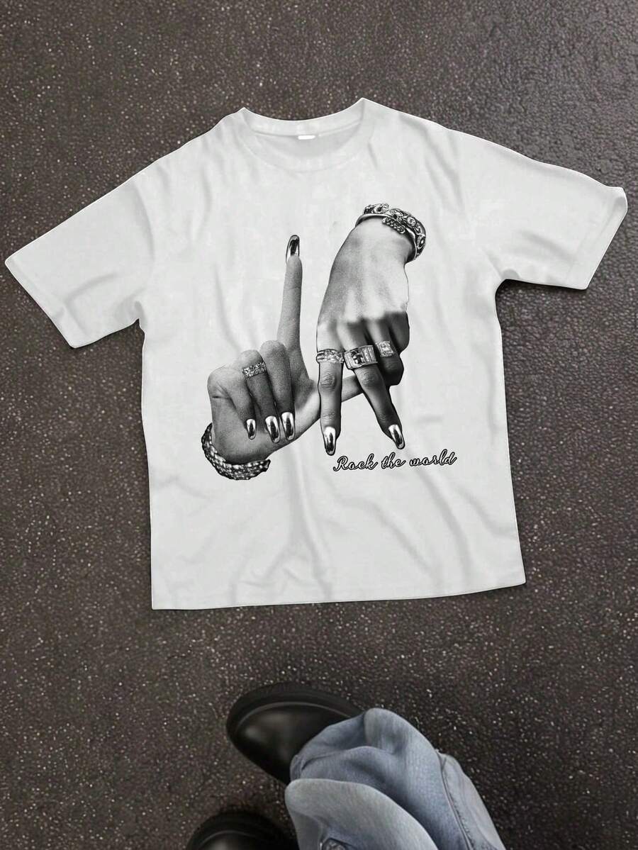 Women's Casual Simple LA Hand Gesture Print Loose Crew Neck Short Sleeve T-Shirt, Summer - 白色 - 查看 1