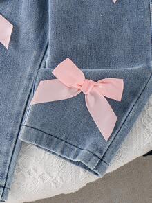 2pcs Baby Girl Casual Fashion 3D Bow Pink Short Sleeve T-Shirt Top And Bow Denim Long Pants Set - Pink - View 9