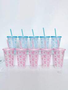 1个可重复使用的蝴蝶结造型塑料杯，24盎司，带吸管和盖子，适用于派对、饮品、咖啡、婚礼、生日和其他场合。 - 彩色 - 查看 7