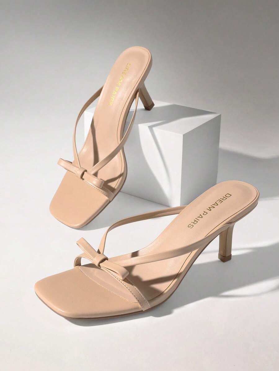 Women 2026 New Summer Kitten Heel Mule Sandals With Bow Decor, Comfortable Open Toe Slip On Slide Sandals For Party Wedding And Daily Casual Wearing - 杏色 - 查看 1