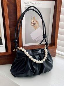 Bolso plisado de unicolor con perlas - Negro - Ver 6