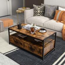 COSTWAY Industrial Coffee Table With Storage, Living Room Rectangular Center Cocktail Table W/ 2 Drawers & Open Shelf, Accent Sofa Console Table W/ Sturdy Metal Frame & Wooden Top, Rustic Brown - Brown - View 5