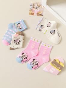 5 Pairs Disney Mickey Mouse Series Cute Crew Socks For Girls, Mixed Pattern Design Including Mickey Print, Quality Short Socks, Perfect Holiday Gift For Little Princess, Random Assortment - Multicolor - View 3