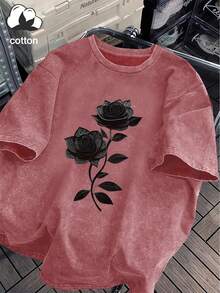 Plus Size Women's Casual Rose Vine Print Round Neck Short Sleeve T-Shirt, Suitable For Spring, Summer And Autumn - Hot Pink - View 2
