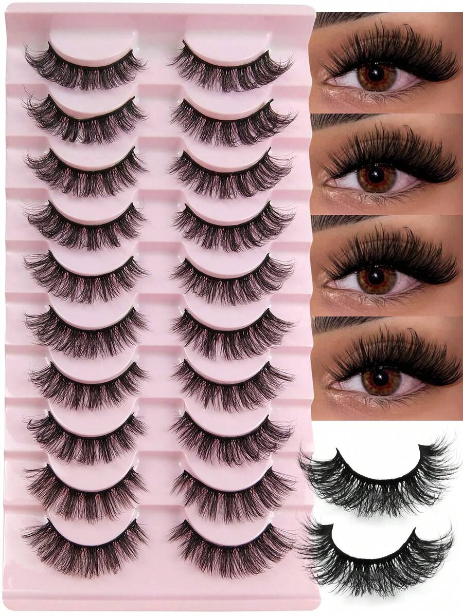 Hinarin 10 Pairs Thick 3D Multi-Layer DD Curly Russian Volume False Eyelashes High Curl Degree Dense & Bold Whole Piece Eyelash Extensions And Reusable For Gifts And Daily Party Use