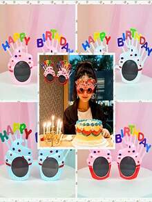 1件装派对道具时尚眼镜，趣味蛋糕和标语设计，适合拍照、派对、聚会、趣味自拍道具、生日时尚眼镜、圣诞节 - 藍色 - 查看 6