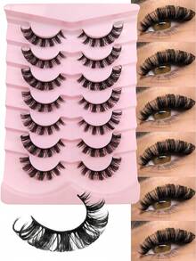 7 Pairs D Curl Russian Thick False Eyelashes, Volume Eyelashes Fake Eyelashes Dramatic Messy Mink Lashes Wispy Long Foxy Eye Lifting Look Eyelash Extension Criss-Cross Natural Fluffy Faux Mink Lashes, Reusable Full Strip Eyelashes, Makeup False Eyelashes - Black - View 2