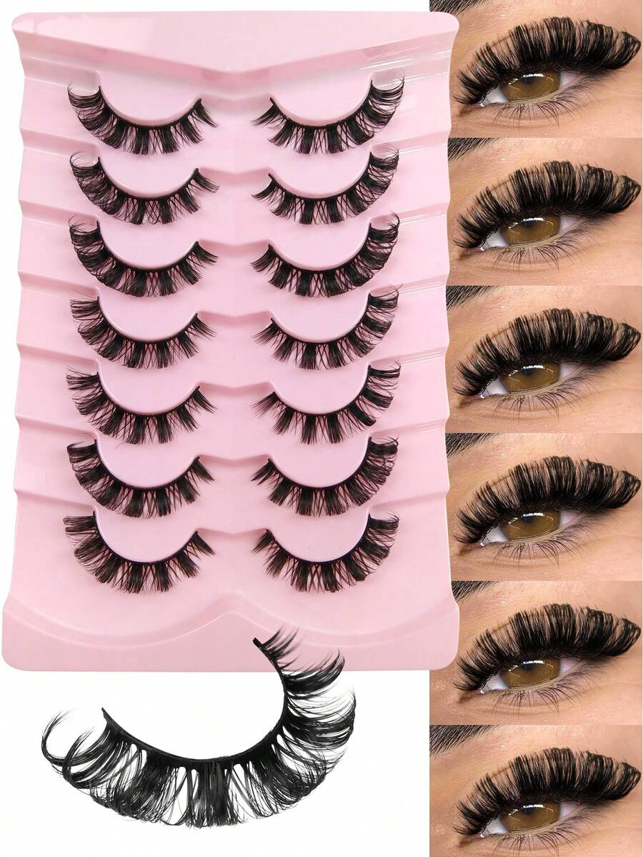 7 Pairs D Curl Russian Thick False Eyelashes, Volume Eyelashes Fake Eyelashes Dramatic Messy Mink Lashes Wispy Long Foxy Eye Lifting Look Eyelash Extension Criss-Cross Natural Fluffy Faux Mink Lashes, Reusable Full Strip Eyelashes, Makeup False Eyelashes