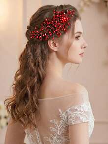 1pc Red Women's Headpiece, Luxury Faux Pearl & Rhinestone Headband, Bridal Headpiece, Wedding Party Hair Accessory, Wedding Decor, Women's Accessory, Spring/Summer Hair Accessory - Red - View 7