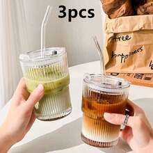 1pc Ins Style Striped Glass Coffee Cup With Lid And Straw, Portable Minimalist Design, Can Hold Water, Tea Or Coffee, Round Shape, 400ml Capacity - Multicolor - View 16