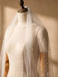 1件优雅珍珠串珠新娘头纱，带梳子，结婚配饰，求婚头纱，新娘伴娘头纱 - 彩色 - 查看 9