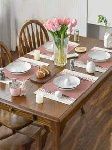 1/4/5/6/7件套现代简约条纹撞色设计桌旗，亚麻质感耐用抗皱桌布，适用于餐桌/玄关、家居装饰套装、客厅装饰套装、卧室装饰套装、餐厅装饰套装，亚麻质感，多种尺寸可选，可作餐桌装饰、壁炉架装饰巾、餐垫、隔热垫等家居装饰。 - 柔霧粉 - 查看 9